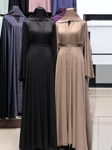 Wholesale Modest Dubai Beaded Sequined Long Sleeve <b>Abaya</b> Muslim Traditional Handmade Wedding Women Polyester Breathable V Neck - Product Image 4