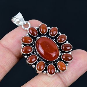 Pendentif fleur en pierre précieuse carnelienne rouge naturelle, collier floral, bijoux plaqués argent 925, bijoux pour femmes - Product Image 2