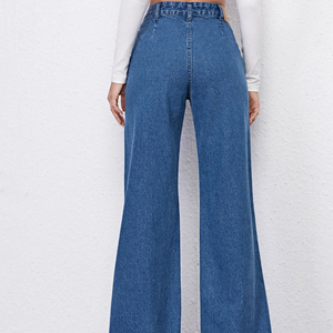 Pantalones Vaqueros de Mujer de Cintura Alta y Pierna Ancha, Color Azul Sólido, Corte Holgado Informal, Lavado a la Piedra, Estilo Otoñal - Product Image 2