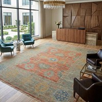 Tapis en laine noué à la main style Oushak, motifs floraux et bordure décorative, à poils ras, pour salon et chambre à coucher, coloris Rouille et Sauge