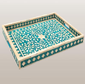 Bandeja rectangular de alta calidad hecha a mano con incrustaciones de hueso natural para el hogar y restaurantes por blossom craft india. - Product Image 5