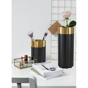 Modern Black and Gold Brass Tabletop <b>Vase</b> Wide Mouth Design High Quality Metal <b>Vase</b> 8 Inch Height - Product Image 5