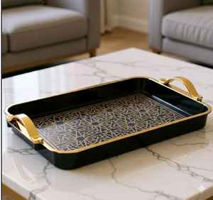 ถาดเสิร์ฟโลหะสีดำทองหรูหราพร้อมหูจับ ถาดสี่เหลี่ยมตกแต่งสำหรับตกแต่งบ้าน โรงแรม และของขวัญ - Product Image 1