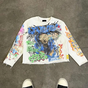 Vintage Graphic T Shirt <b>Distressed</b> Streetwear Oversized Tee Graffiti Print Washed Cotton Casual Hip Hop Style <b>Top</b> - Product Image 3