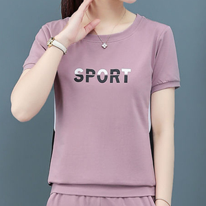 T-shirt de sport pour femme, violet, manches courtes, col rond, coupe classique, en polyester tricoté respirant, imprimé lettres, printemps-été - Product Image 1