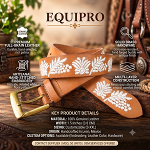Ceinture Polo en Cuir Brodé Rayé Equipro avec Boucle en Alliage à Cadre Carré, Style Décontracté, Robuste, Largeur 3,5 cm, Longueur 110 cm, Moulage Monobloc - Product Image 4