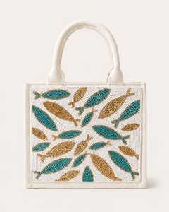 Sac fourre-tout rectangulaire en toile brodée à la main avec motif de poisson en bleu sarcelle et or, artisanat, point de croix et broderie - Product Image 4