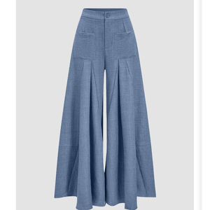 Pantalon palazzo plissé taille haute pour femme avec poches plaquées, bleu poussière, bleu ardoise, chambray - Product Image 1