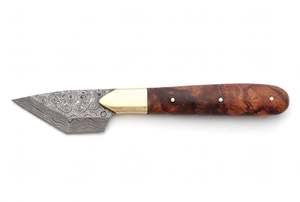 Handcrafted Raindrop Damascus Steel Precision <b>Craft</b> Utility <b>Knife</b> Burl Wood Handle Brass Bolster Leather Sheath - Product Image 6