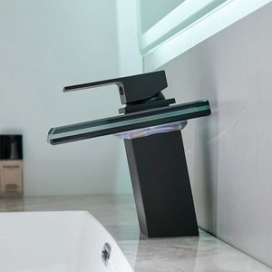 Rubinetto Monocomando per Lavabo Bagno con Luce LED, Cascata a 3 Colori Variabili, Bocca in Vetro, Miscelatore Acqua Calda e Fredda, Montaggio su Piano a Foro Singolo - Product Image 1