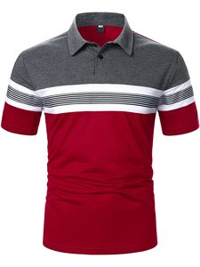 Polo à manches courtes en tricot rayé rouge et gris pour homme, style décontracté, design color block, faible MOQ, polos pour homme - Product Image 1