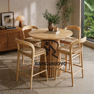 <b>Set</b> Teak Wood <b>Bar</b> Table with Comfortable Wicker Chairs Modern Design Eco-Friendly Rectangle Shape for Dream Home - Product Image 2