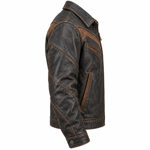 <b>Mens</b> Dark Charcoal <b>Leather</b> <b>Jacket</b> <b>Brown</b> Chevron Yoke Custom Western Ranch Outerwear Distressed Cowhide Biker Coat Manufacturer - Product Image 3