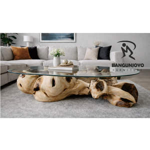 Plateau de table basse rustique en bois massif Monkey Pod avec surface en verre pour salon - Product Image 3