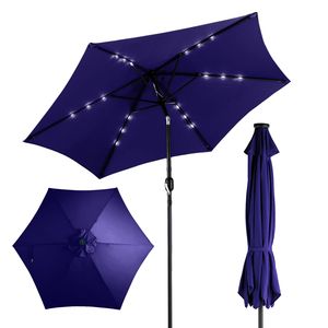 Ombrellone da Patio Solare a LED da 2,7 m con Manovella Inclinabile a Pulsante, 6 Stecche, in Poliestere Impermeabile per Tavoli da Esterno - Product Image 1
