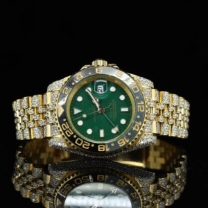 Reloj mecánico de lujo para hombre, de oro amarillo, esfera verde, bisel de diamantes, caja redonda de 40mm, cristal de zafiro, fecha automática, zona horaria múltiple - Product Image 5