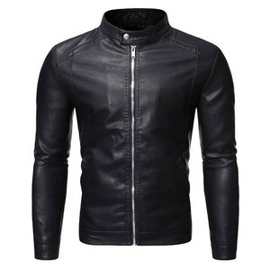 Chaqueta de Moto de Cuero PU Negra para Hombre, Cuello en V, Cierre de un Solo Botón, Corte Ajustado, Larga, Bordada, Color Sólido, Algodón, Invierno - Product Image 3
