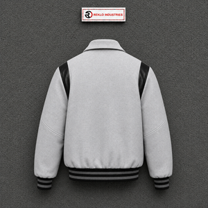 Blouson universitaire décontracté gris clair à boutons-pression pour homme, style universitaire de luxe avec accents en cuir noir, col rabattu, décontracté, automne - Product Image 6