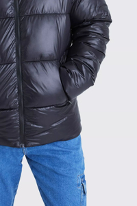 Men's Black Thick Eco-Friendly Puffer Jacket Winter Cotton Filled Windproof Casual Stand Collar <b>Covered</b> <b>Button</b> Front Patchwork - Product Image 5