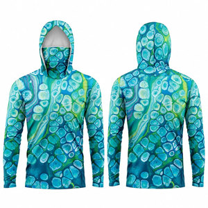 Unisex Hooded Long Sleeve Quick Dry Performance Shirt Blue Green Abstract Pattern Sublimation Print Summer Leisure <b>Top</b> - Product Image 1