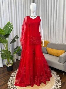 TOP SHARARA DUPATTA HEAVY SOFT NET INTRICATE THREAD SEQUNCE EMBROIDERY WORK SUIT - Product Image 2