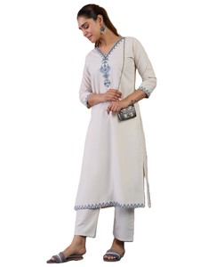 Ensemble 2 pièces pour femmes RN, kurta et pantalon en coton pur, séchage rapide, broderie blanche, coupe droite, style décontracté pour le bureau - Product Image 2