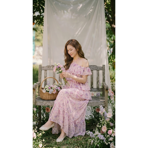 ชุดเดรสผู้หญิงคุณภาพสูงสุด ชุดเดรสยาวลายดอกไม้ระบายหลายชั้น ดีไซน์หรูหราเปิดไหล่ ผ้าชีฟอง เหมาะสำหรับงานปาร์ตี้ฤดูร้อนและชายหาด - Product Image 1