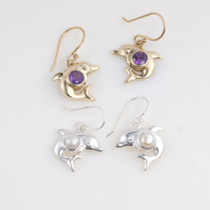 Natural Pearl Brass Sterling <b>Silver</b> Dolphin Pearl <b>Dangle</b> <b>Earrings</b> Handmade Ocean Inspired Marine Animal Jewelry Gift for Women - Product Image 3