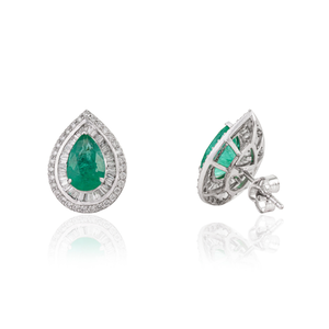Boucles d'oreilles clous double grappe en émeraude zambienne et diamant de haute qualité, forme poire, pour femme, en or blanc véritable 18 carats, bijoux de déclaration - Product Image 5