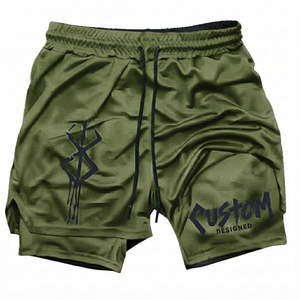 Pantalones Cortos para Hombre al por Mayor, Color Verde Oliva, con Símbolo de Anime Berserk, Logotipo Personalizado en la Parte Delantera, Cierre Elástico a la Altura de la Rodilla, Cintura Media, Transpirables, 100% Algodón - Product Image 1