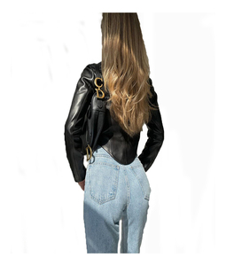 Women's Black Genuine Leather Moto Jacket Full Sleeve <b>Zipper</b> Closure Stand Collar Autumn Style - Product Image 3