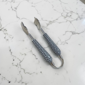Modern Silver Plated <b>Serving</b> <b>Tongs</b> With Black White Geometric Handles Long Handle Dishwasher Safe Party Utensils - Product Image 1