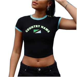 Women's <b>Red</b> <b>Crop</b> <b>Top</b> Crew Neck Short Sleeve Embroidered Flag Logo Casual Knitted T-Shirt - Product Image 5