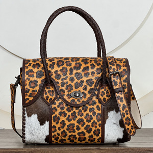 Bolso de Mano de Cuero Genuino con Estampado de Leopardo y Detalles en Piel Vacuna para Mujer, Bolso Bandolera, Bolso Tote, Bolso Satchel con Asa Trenzada - Product Image 3