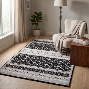 Tapis DECORDEC en laine noir, gris et ivoire, motif folklorique, géométrique tribal, à bandes, écologique, antidérapant pour salon et hôtel - Product Image 3