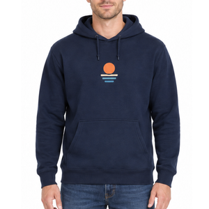 Sudadera con Capucha Azul Marino para Hombre OEM con Estampado Minimalista de Sol Naranja, Bolsillo Delantero, Algodón Casual, Corte Regular - Product Image 1