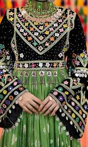 Maxi Salwar Kameez traditionnel vert afghan Kuchi, corsage noir brodé miroir fait main, style vintage, pour mariage et fêtes ethniques - Product Image 5