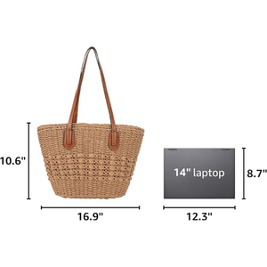 Women’s Large Straw Rattan Woven Tote Bag, Handmade Shoulder <b>Handbag</b> with Top Handle, <b>Summer</b> Beach Travel Purse - Product Image 4