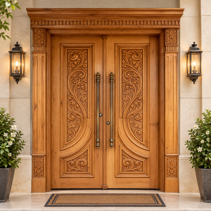 Puerta Doble de Madera Maciza con Paneles Decorativos Tallados, Puerta Principal Exterior de Madera Sólida para Villas y Apartamentos GA-48 - Product Image 1