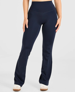 High Waist <b>Flared</b> <b>Leggings</b> Women Solid Navy Blue Knitted Spandex Nylon Full Length Stretchy Yoga Pants All Seasons Style - Product Image 1