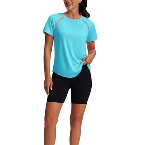 Women's Light Blue Solid Color Crew Neck Short Sleeve <b>Raglan</b> T-Shirt Quick Dry Loose Fit Knitted Sporty <b>Top</b> Spring Summer - Product Image 4