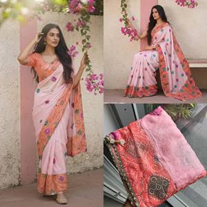 <b>Orange</b> Color Digital Printed Embroidered <b>Saree</b> With Lace Blouse Traditional Indian Wear - Product Image 5