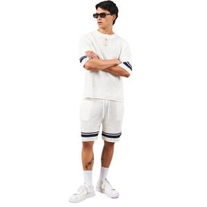 Camiseta de punto de ganchillo con rayas en contraste, blanca, de manga corta, tejido texturizado, informal de verano, transpirable, con cuello redondo. - Product Image 6