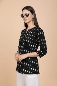 Tunique décontractée noire à col rond pour femme, en mélange de coton, longueur normale, manches trois quarts, entièrement cousue, haut pour fille - Product Image 4