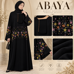 Elegante Abaya Negra con Bordado Floral |   Vestido Islámico Modesto para Mujeres Musulmanas, Tela Premium, Manga Ancha, Diseño Elegante de Abaya - Product Image 5