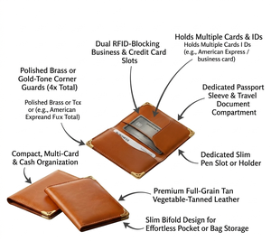 Tarjetero de Cuero Genuino Delgado para Hombre con Logotipo Personalizado Wriza, Diseño Liso, Multifuncional, con Esquinas Metálicas Doradas, Sin Cierre - Product Image 3