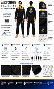 Kimono de Jiu-Jitsu Brésilien (BJJ) en coton noir et jaune, coupe classique pour homme, broderie de logo personnalisée, idéal pour l'entraînement intensif - Product Image 6