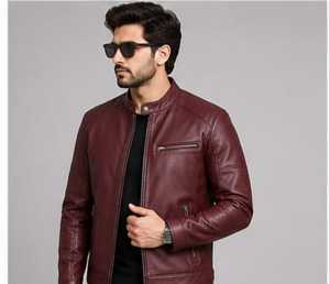 High Quality Men's <b>Burgundy</b> <b>Leather</b> Moto <b>Jacket</b> Stand Collar Zipper Closure - Product Image 2