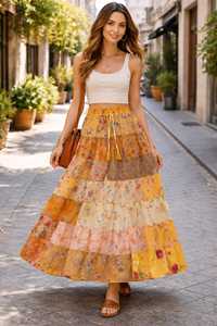 New Saree Silk Bohemian Patchwork Layer Skirt for Women Free Size Long Maxi Ankle-Length Pleated Breathable All Seasons In-Stock - Product Image 6