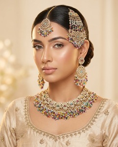 Heavy Choker Necklace With Earrings & Mang Tika Traditional Bridal <b>Wedding</b> <b>Accessories</b> Set for Women Ethnic Jewellery Wholesaler - Product Image 5